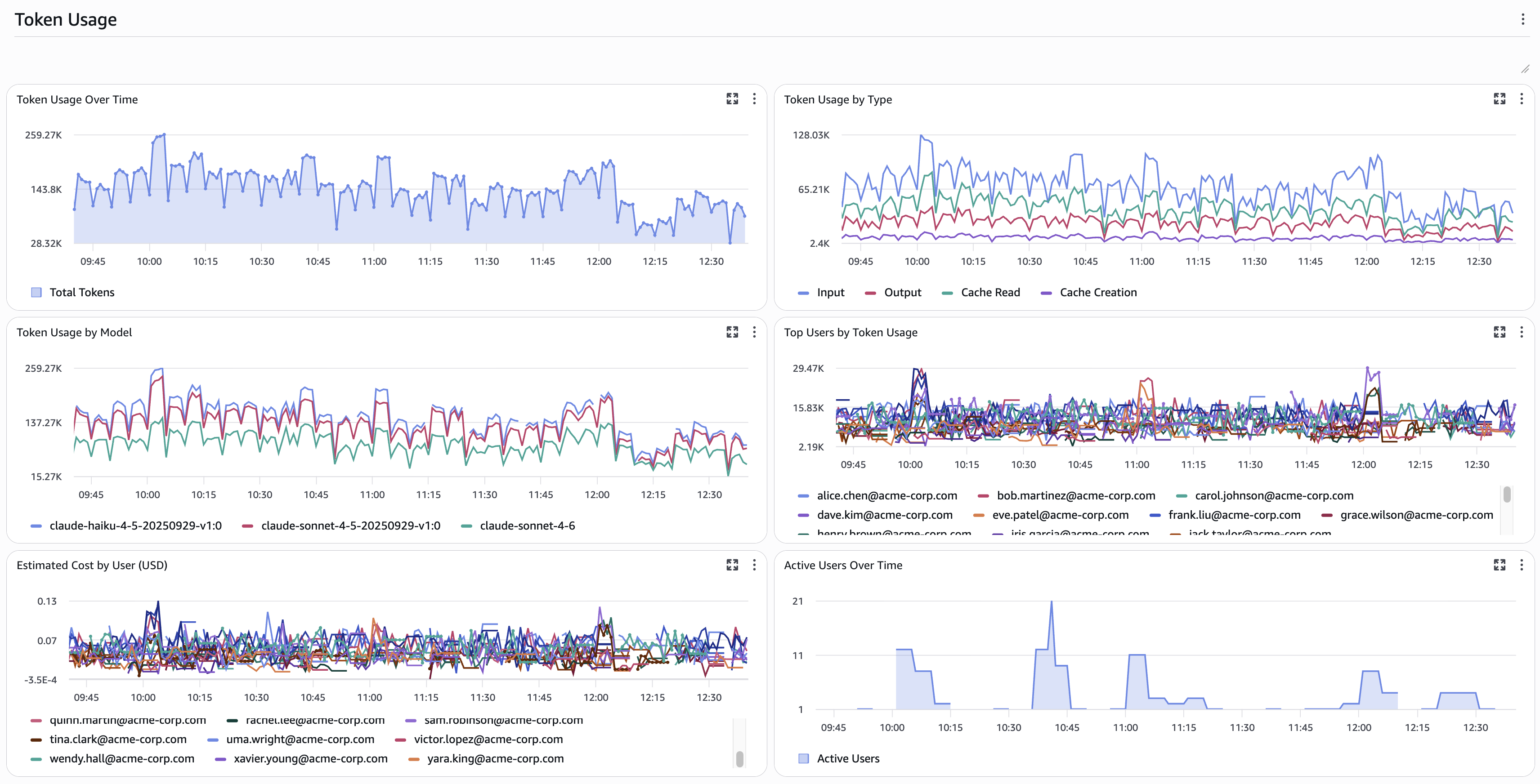 Dashboard section with Token usage section showing consumption over time, breakdown by type, usage by model, top users, estimated cost per user, and active users over time.