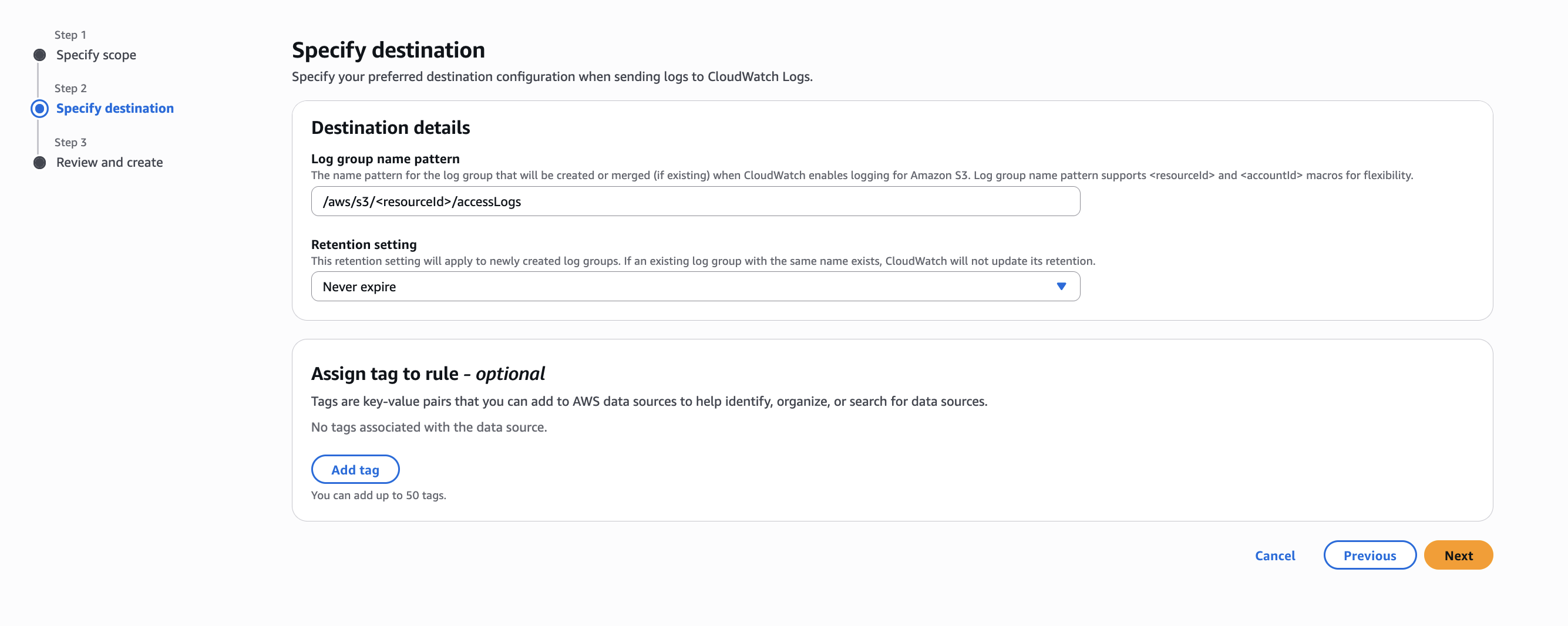 AWS Console screenshot showing the Specify destination configuration step for a CloudWatch Telemetry Enablement Rule with target account and log group settings.