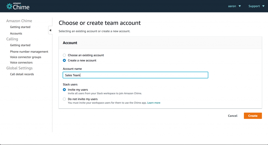Amazon Chime Console Create an Account
