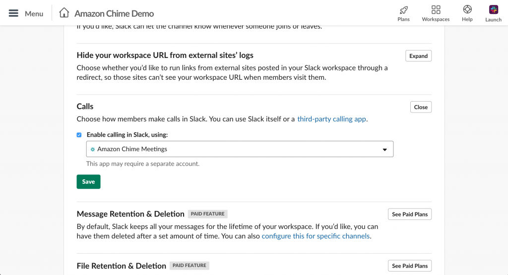 Slack workspace settings default calling app