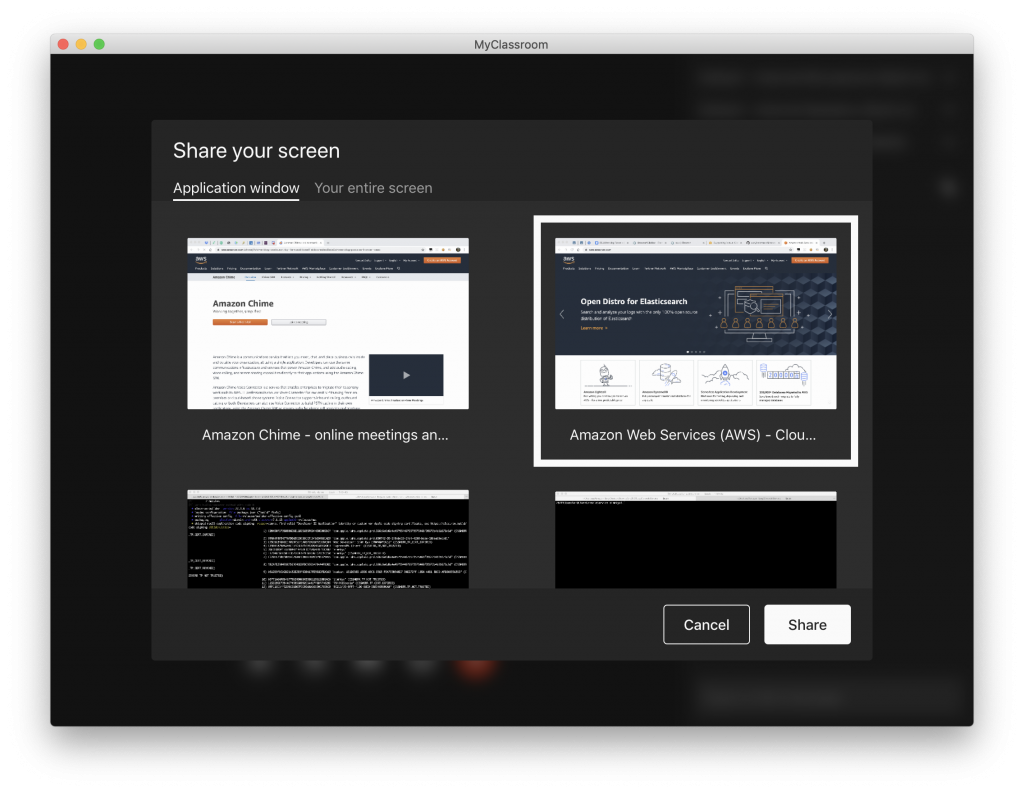 Amazon Chime SDK Virtual Classroom Application Screen Picker