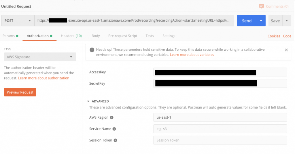 Entering authentication in the postman application