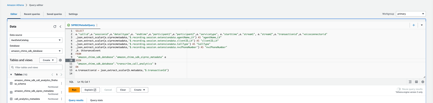 Using Amazon Athena Console to query the data lake created using Amazon Chime SDK call analytics