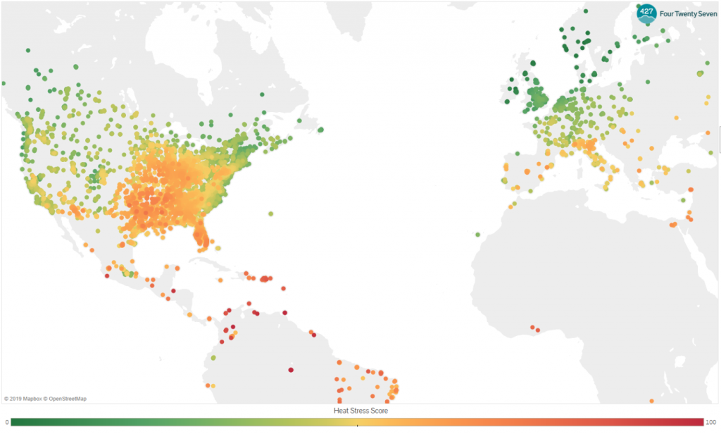 Exposure to heat stress. The map shows the risk score of a subset of corporate facilities of publicly listed companies in Four Twenty Seven’s global database colored based on their exposure to extreme heat. Source: Four Twenty Seven.