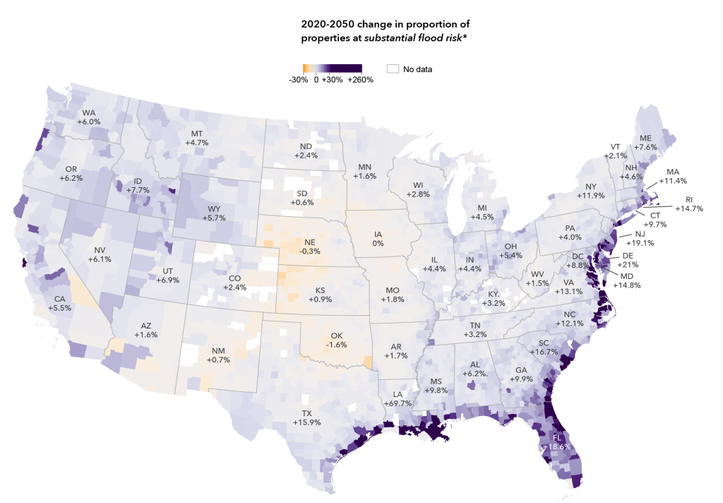 Percent increase between years 2020 and 2050 in flood risk due to climate changes, based on First Street's risk estimates using downscaled data from the IPCC CMIP5 models under the RCP 4.5 assumptions. 