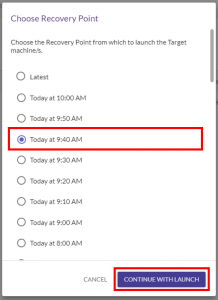 Figure 2: In the CloudEndure Console, users can select the recovery point from which to launch their target machines.