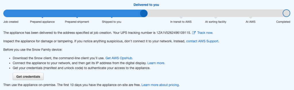 Figure 3: Snow device AWS console page