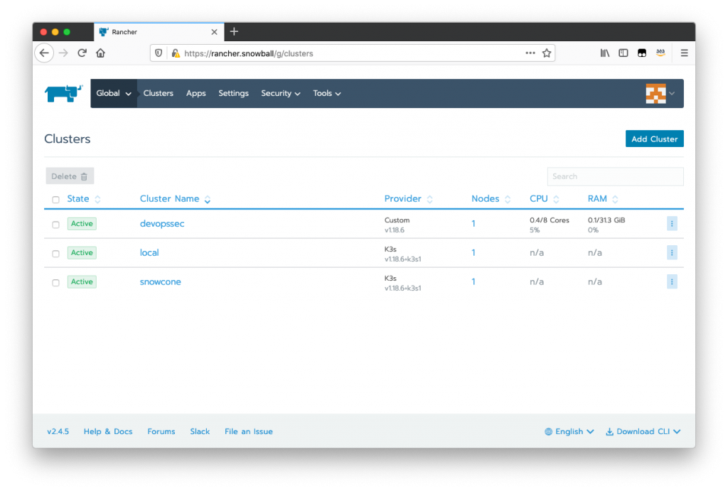 Figure 8: Rancher Clusters