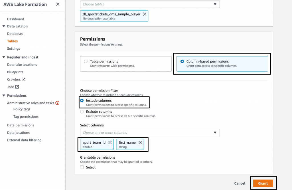 Figure 2: Setting up data permissions - selecting column columns for fine grained access