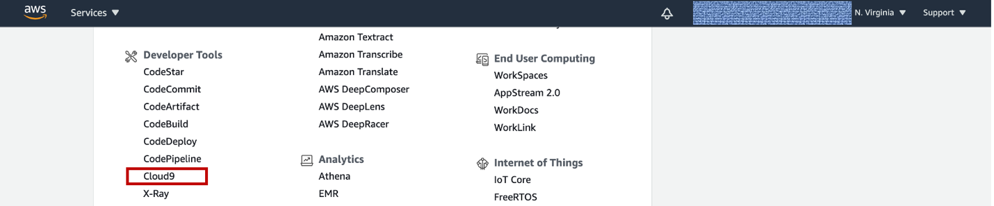 Figure 10. Locate AWS Cloud9 by using the AWS Management Console search bar.