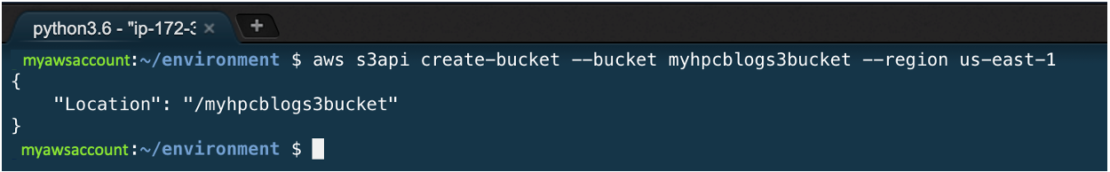 Figure 12. The API responds with the name of your created bucket; here, it is myhpcblogs3bucket.