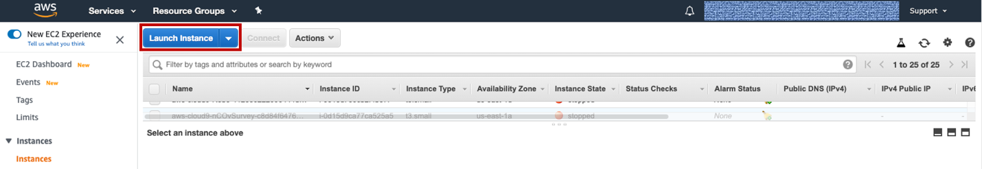 Figure 2. In the EC2 dashboard, under Instances, select the Launch Instance button.