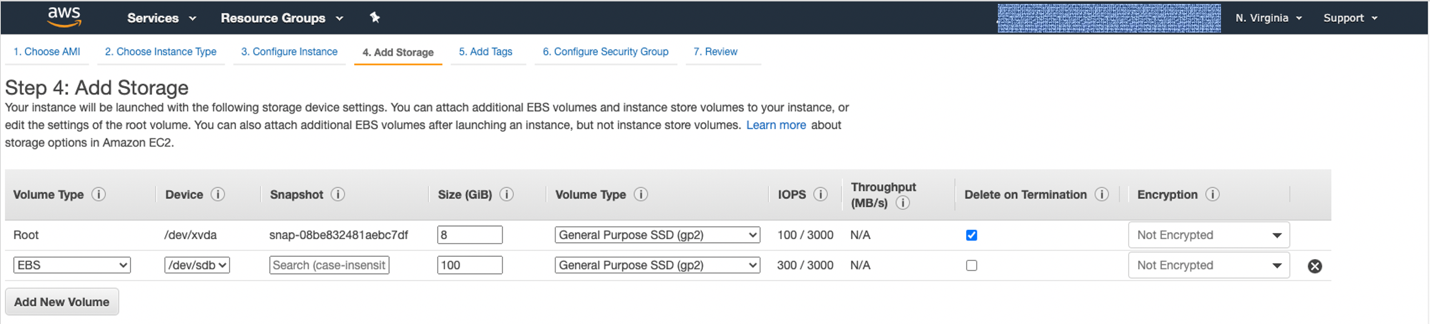 Figure 3. When you select Add New Volume, under Size, add in 100, and under Volume Type, select General Purpose SSD.