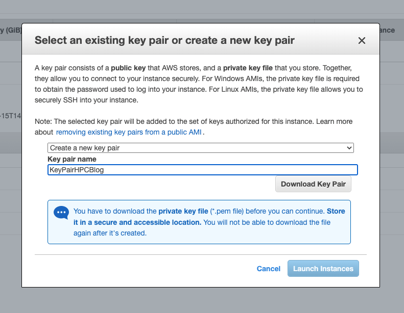 Figure 4. In the Key pair name, type KeyPairHPCBlog and then select Download Key Pair and then Launch Instance.