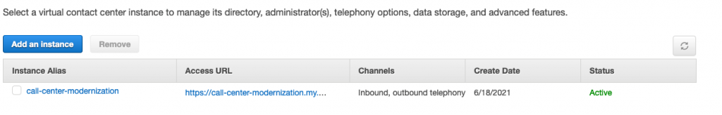 Figure 2 Amazon Connect instance alias