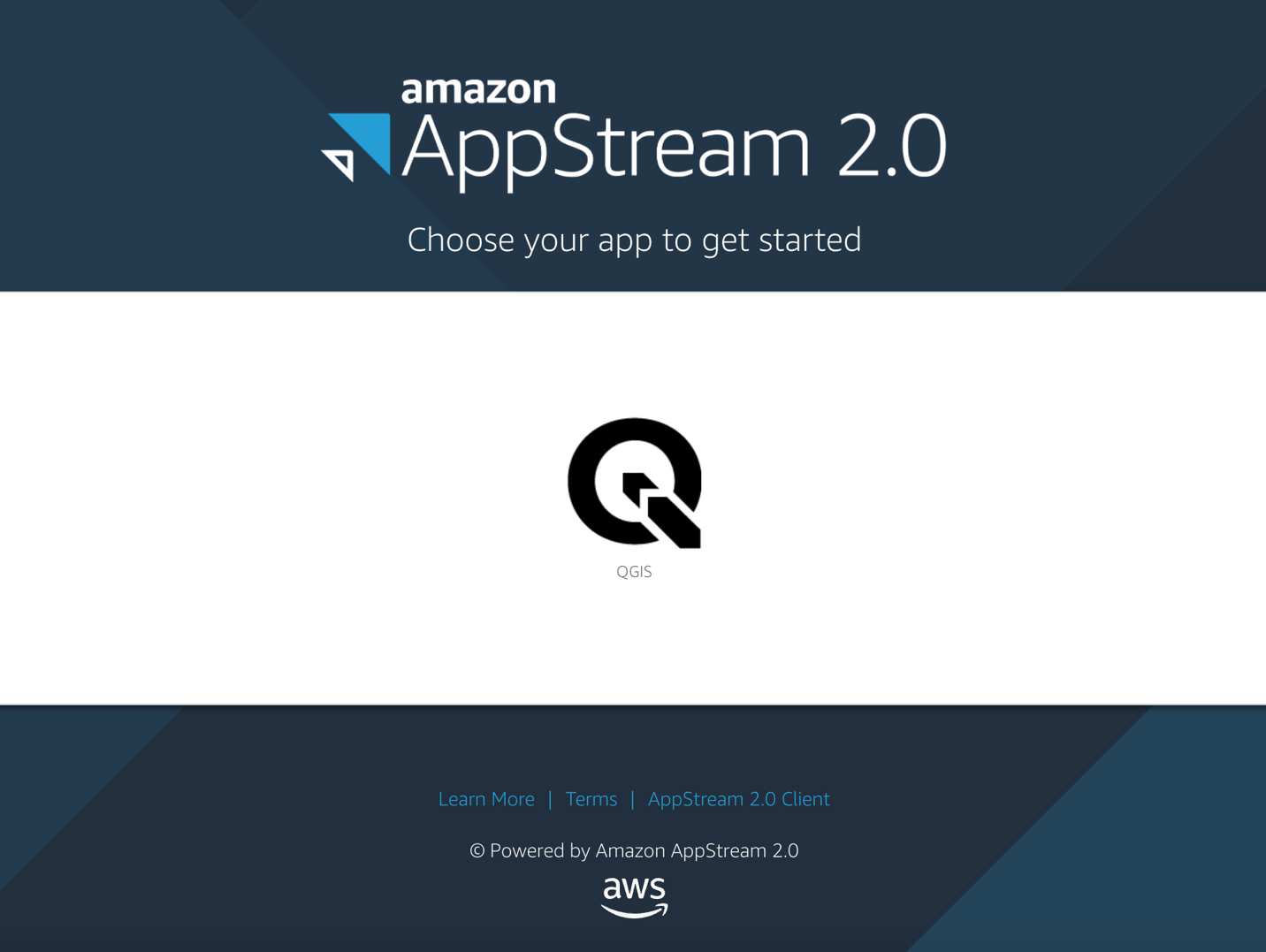 Figure 3: AppStream 2.0 Application Catalog: After you navigate to the streaming URL in a browser, you see your AppStream 2.0 application catalog. The QGIS application is available. Click on the QGIS icon to launch the application.