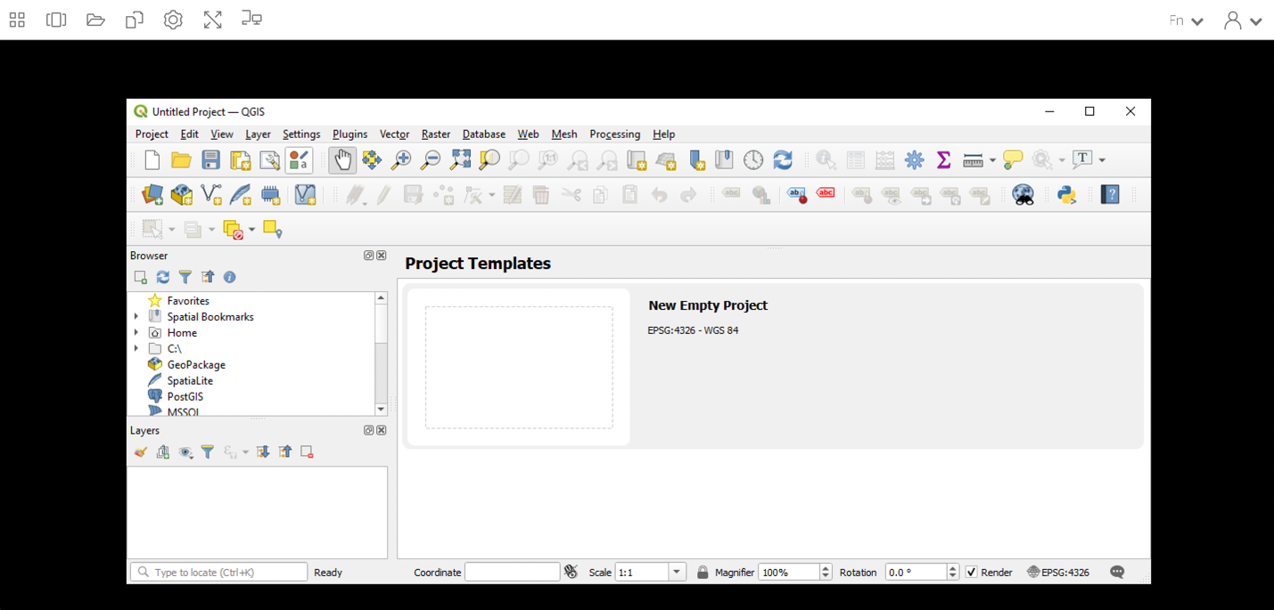 Figure 4: QGIS in AppStream 2.0: Click the QGIS icon in the application catalog and QGIS launches after approximately 3 minutes. Within QGIS, access the provided sample project via the Project menu.