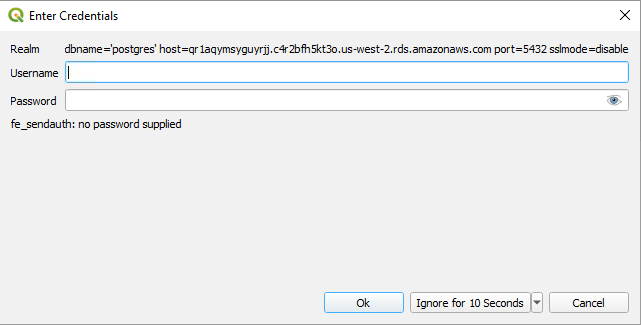 Figure 5: Enter database credentials: After opening the sample project, you are prompted for database credentials. Enter the credentials you copied from the Output tab of your CloudFormation stack in a previous step.