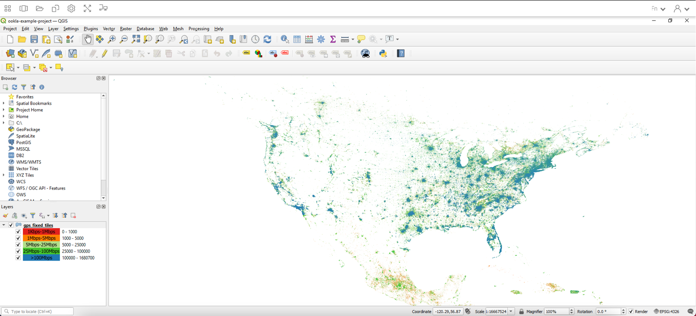 Figure 6: Ookla Sample Project in QGIS: After you open the sample project and enter database credentials, data populates in QGIS from the RDS database. This data is from Ookla and demonstrates Internet speed around the world.