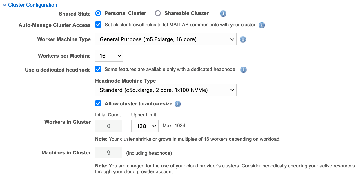 Figure 4. Create a Cluster under MathWorks Cloud Center Cloud Resources section.