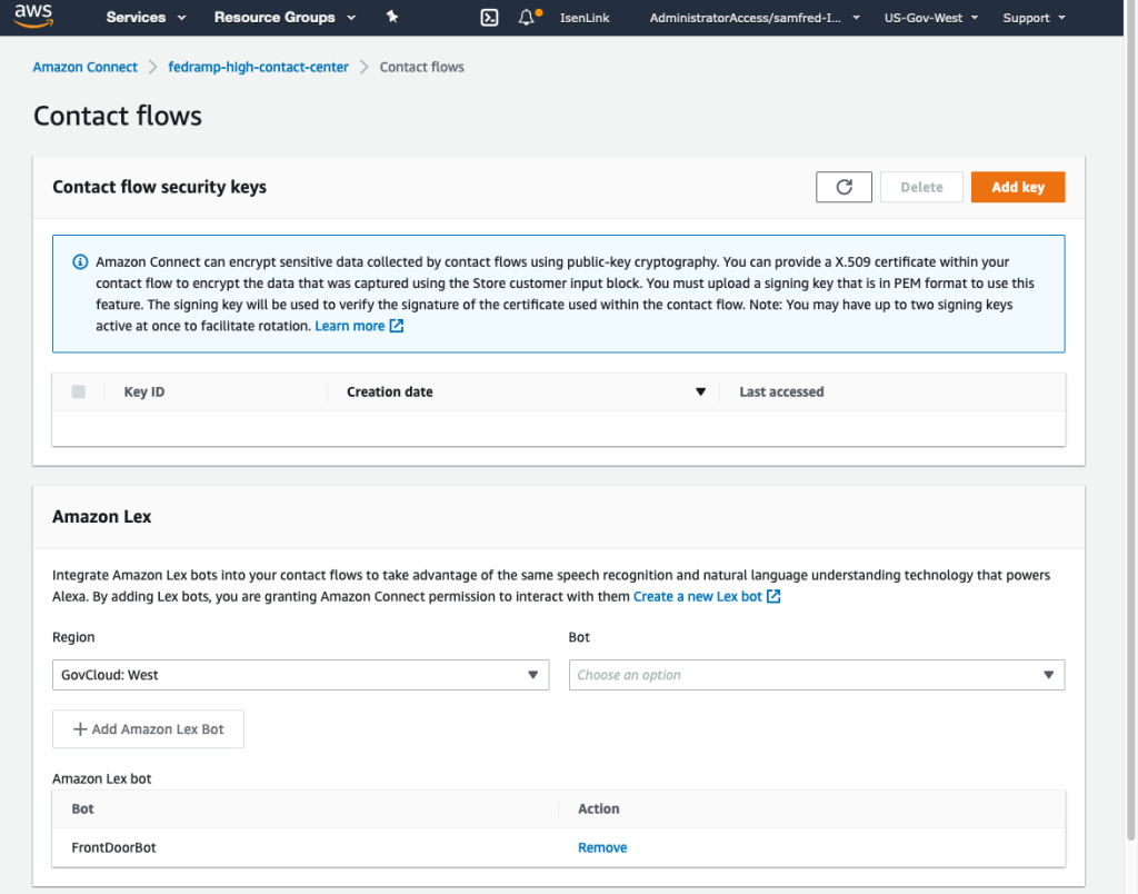 Figure 10. Contact flows screen and Amazon Lex section of Amazon Connect instance configuration.