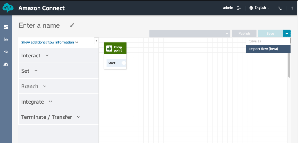 Figure 14. Amazon Connect contact flow editor “Import flow” dropdown menu.