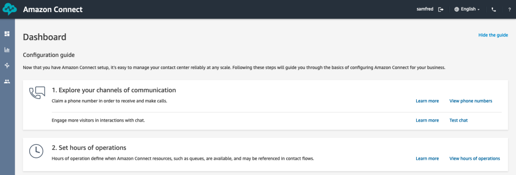 Figure 21. Amazon Connect console dashboard screen showing Test Chat option.