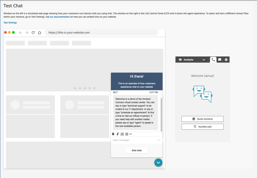Figure 23. Test chat screen in the Amazon Connect console.