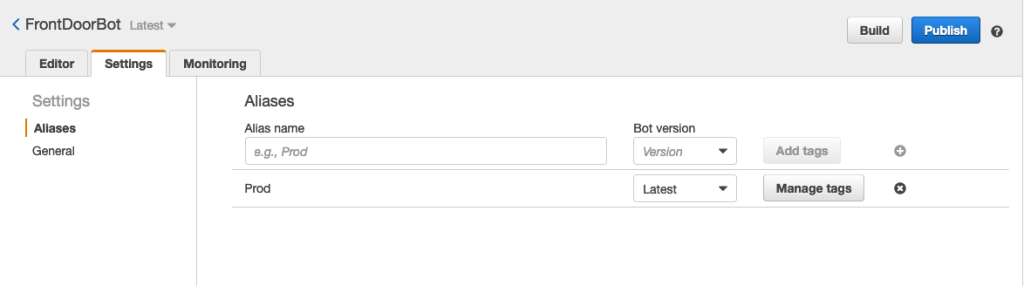 Figure 3. Amazon Lex bot aliases screen.