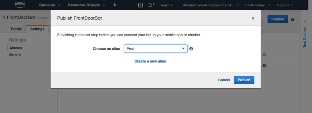 Figure 4. Amazon Lex bot publishing screen.