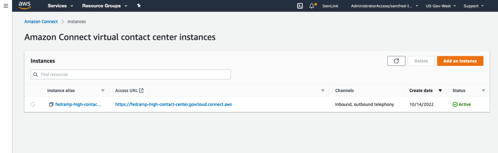 Figure 5, Amazon Connect virtual contact center instances page in the AWS Console.