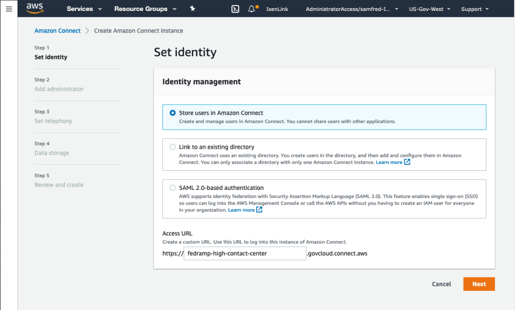 Figure 6. Set identity screen in Amazon Connect instance setup wizard.