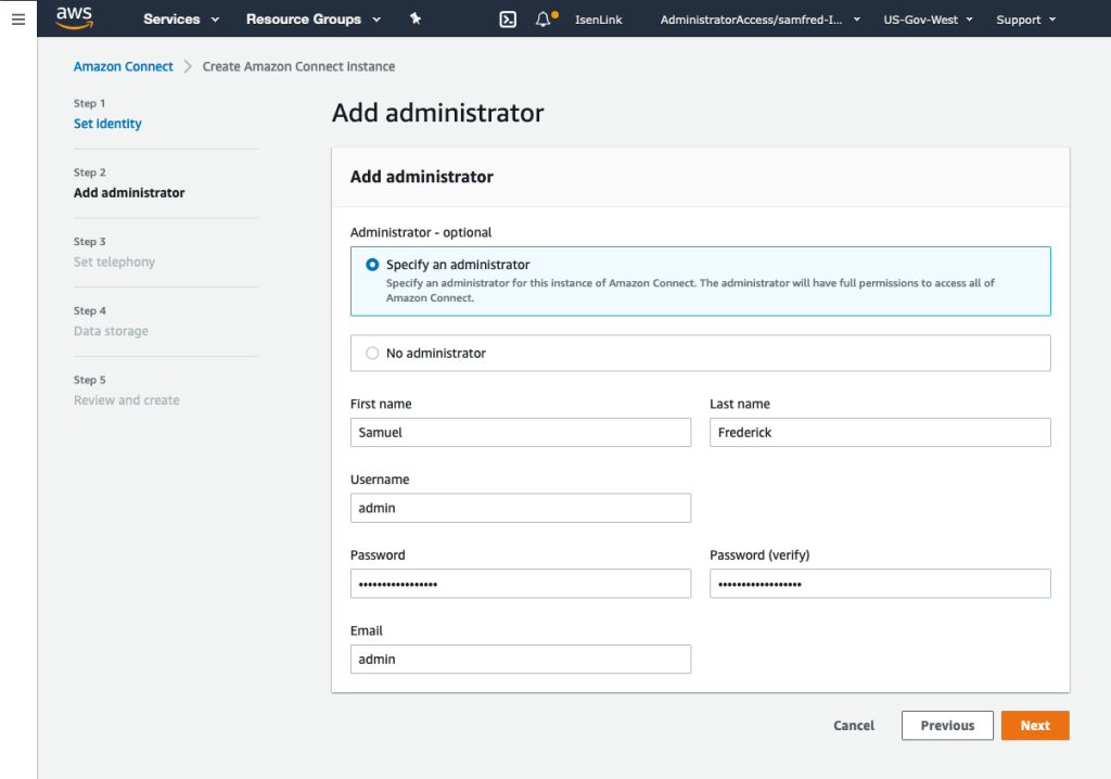 Figure 7. Add administrator screen in Amazon Connect setup wizard.