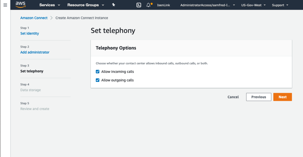 Figure 8. Set telephony screen in Amazon Connect setup wizard.