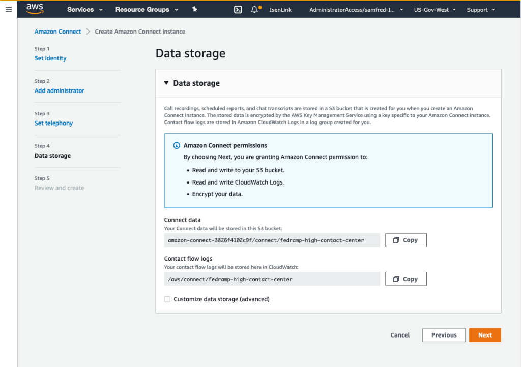 Figure 9. Data storage configuration screen in Amazon Connect setup wizard.