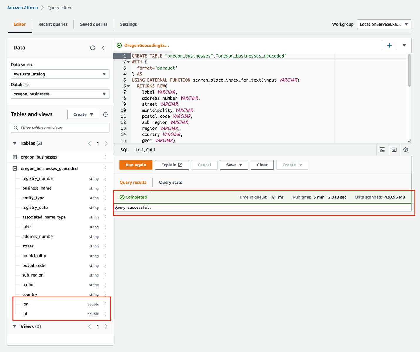 Figure 10. Shows the results of the Amazon Athena query, which is a new AWS Glue table that includes latitude and longitude values from the geocoding operation.