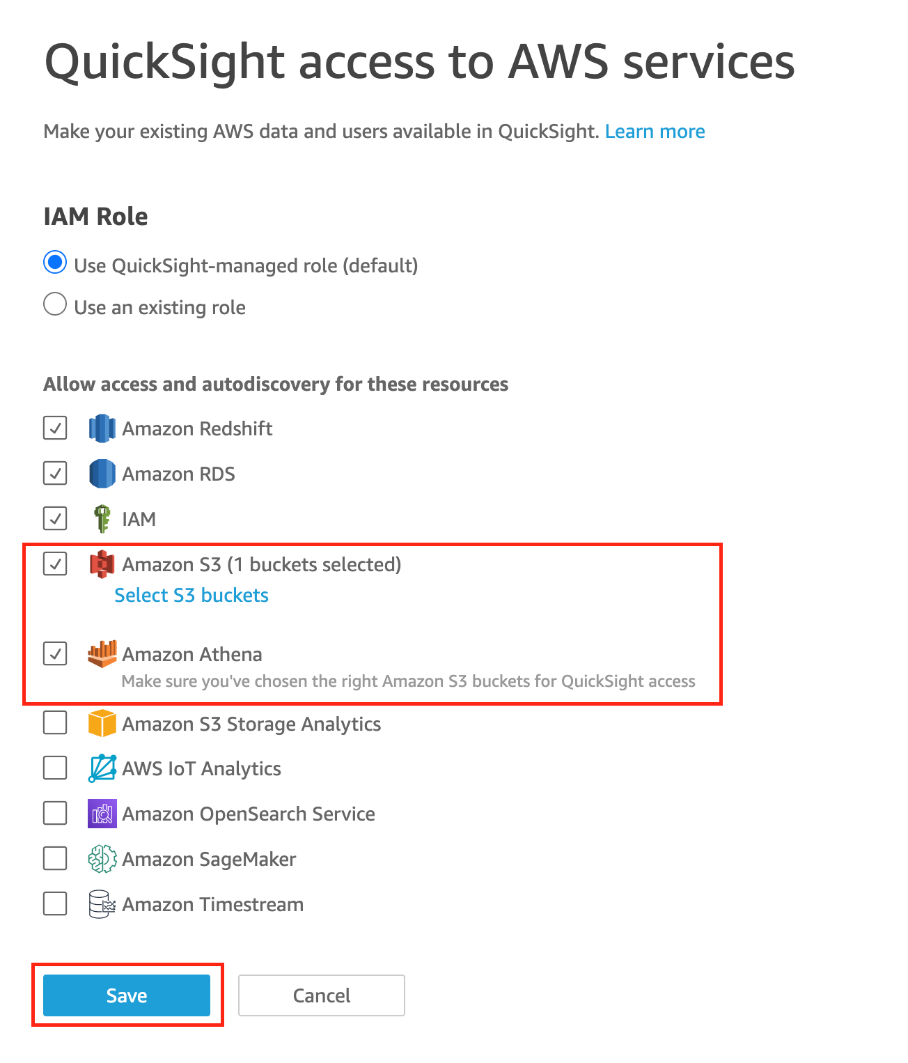Figure 11. Shows the Amazon QuickSight permissions page that allows you to grant permissions for Amazon QuickSight to access data in Amazon S3 via Amazon Athena.