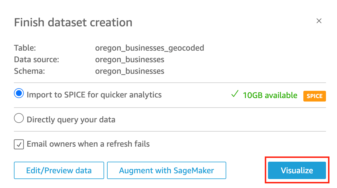 Figure 14. Shows the final step in setting up the Amazon QuickSight dataset creation process.