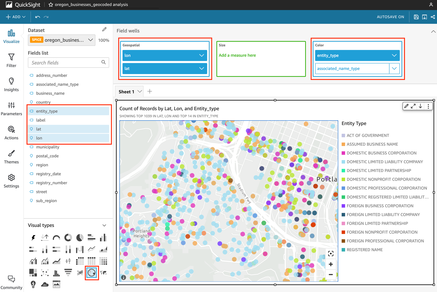 Figure 15. Shows an Amazon QuickSight map visualization with the Oregon business data loaded.