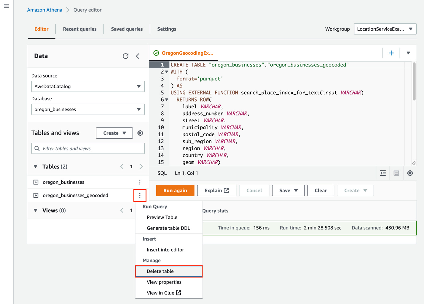 Figure 16. Shows how to delete the “oregon_businesses_geocoded” table from the Athena user interface.