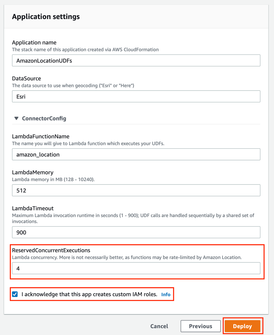 Figure 4. Application settings that can be adjusted before deploying the Athena UDF. The figure highlights the required settings change to ReservedConcurrentExecutions.