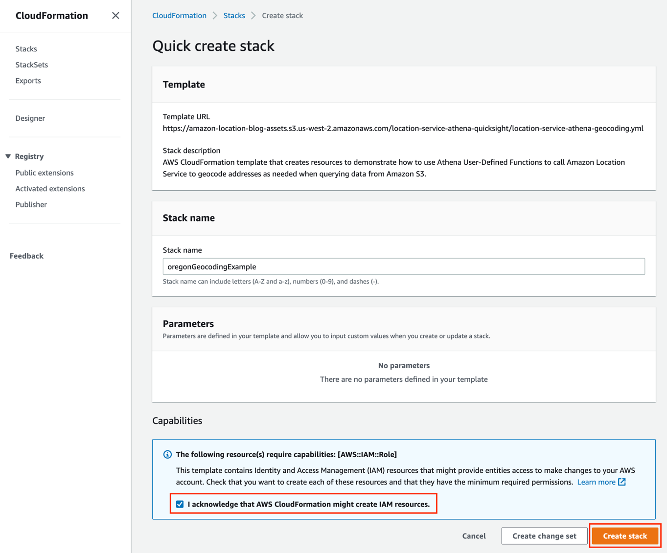 Figure 5. Shows how to deploy the CloudFormation template to your AWS account that creates the required resources for this solution.