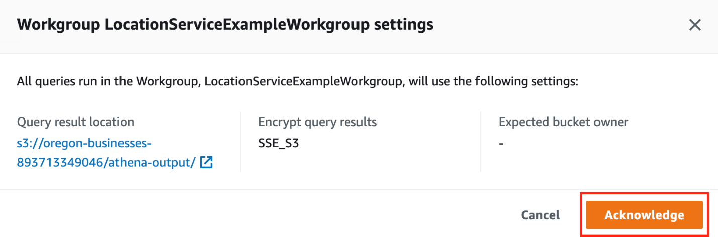 Figure 7. Shows how to acknowledge the changes to your Amazon Athena workgroup.