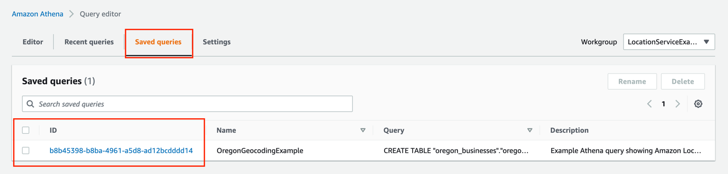Figure 8. Shows how to open an Amazon Athena saved query to perform the subsequent geocoding operation.