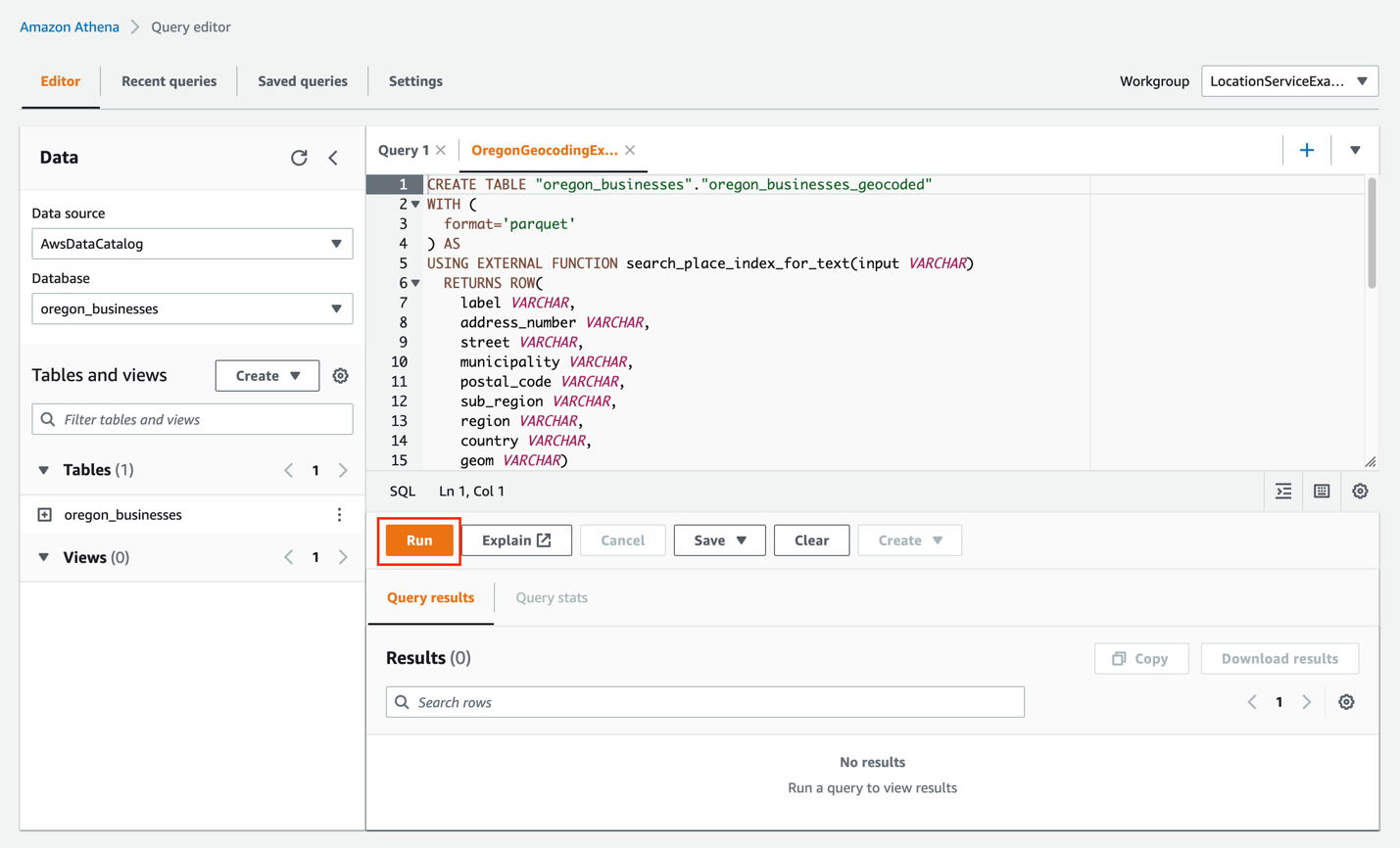 Figure 9. Shows how to execute the Amazon Athena SQL query that performs the geocoding operation.