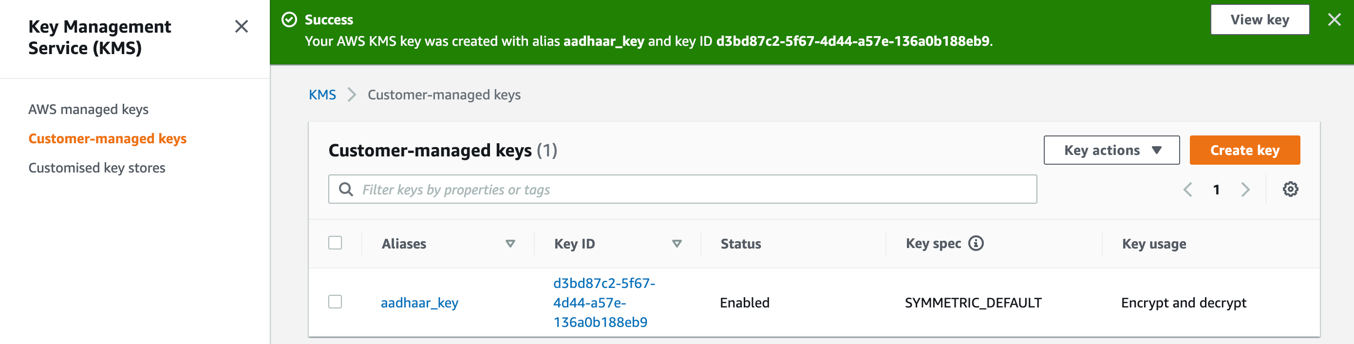 Figure 11. AWS KMS key generated using custom key store and CloudHSM cluster.