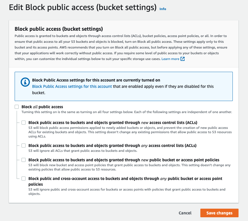 Figure 2. Remove Block Public Access settings in Amazon S3.
