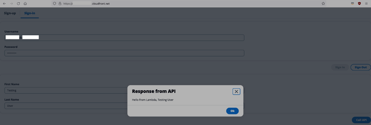 Figure 7. Testing the application returns the response “Hello from Lambda, Testing User.”