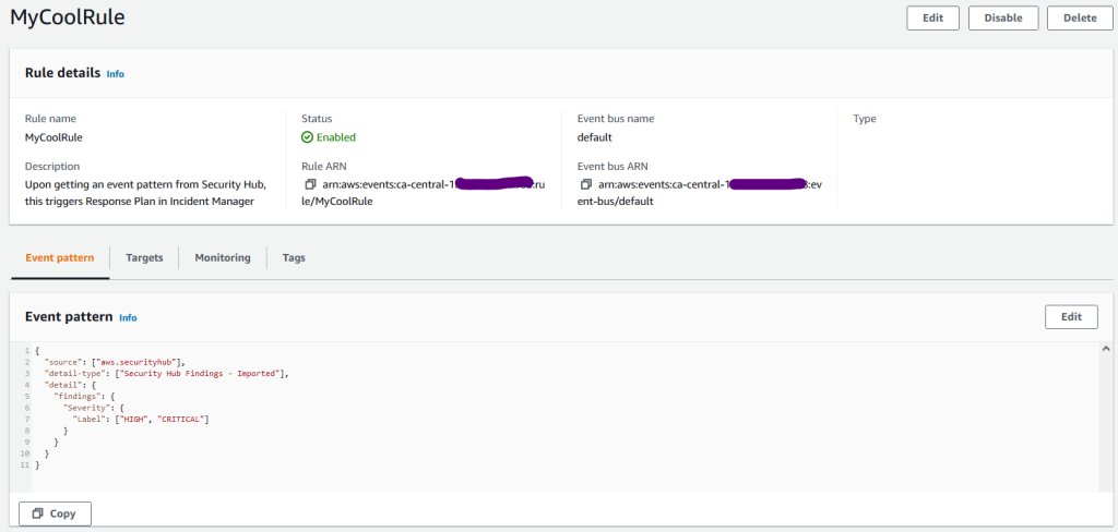 Figure 4: EventBridge Rule with Event Pattern from Security Hub Findings