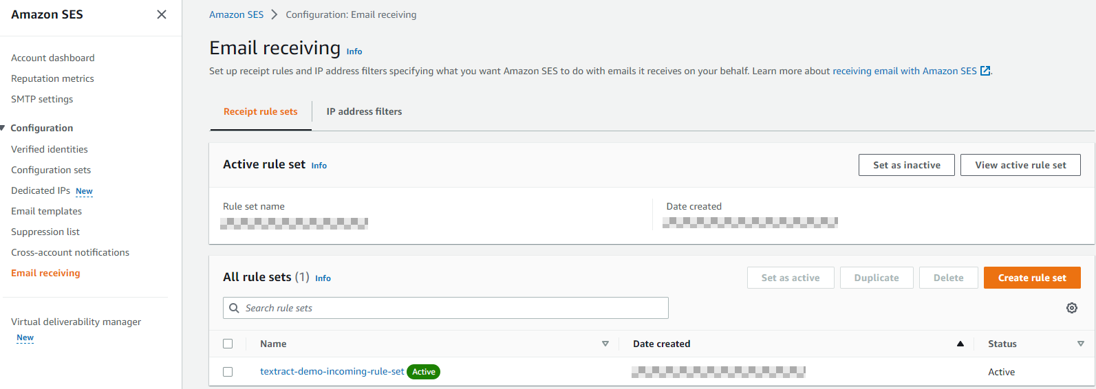 Figure 11. The Email receiving rules set in Amazon SES with status changed to Active.